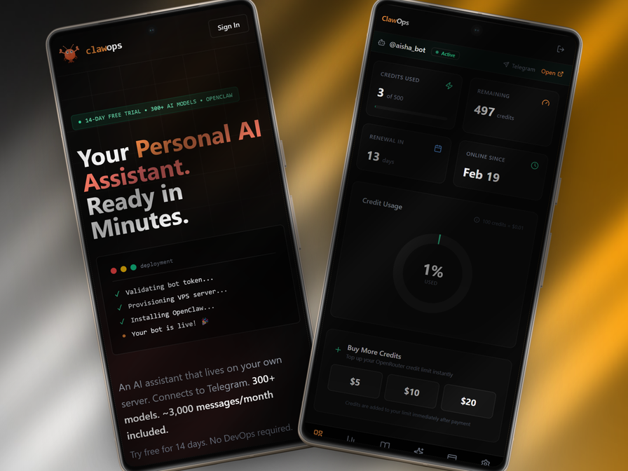 Two phones showing the ClawOps landing page and bot dashboard